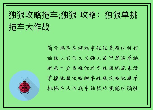 独狼攻略拖车;独狼 攻略：独狼单挑拖车大作战