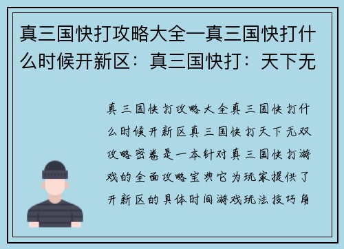 真三国快打攻略大全—真三国快打什么时候开新区：真三国快打：天下无双攻略密卷
