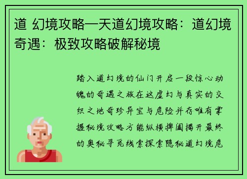 道 幻境攻略—天道幻境攻略：道幻境奇遇：极致攻略破解秘境